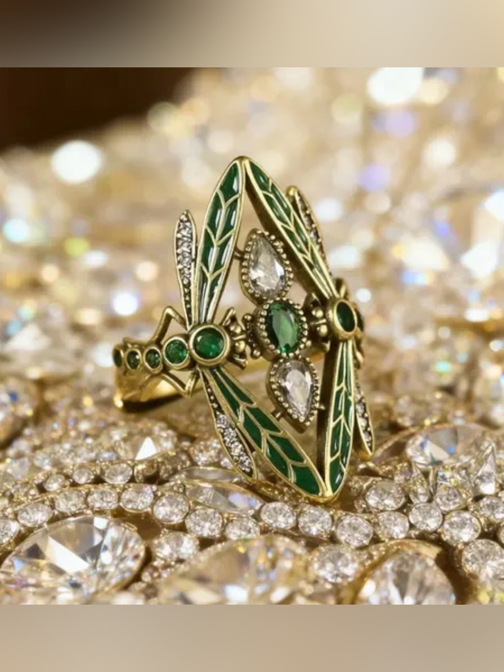 Art Nouveau Dragonfly Ring, Vintage Green Enamel Insect Jewelry